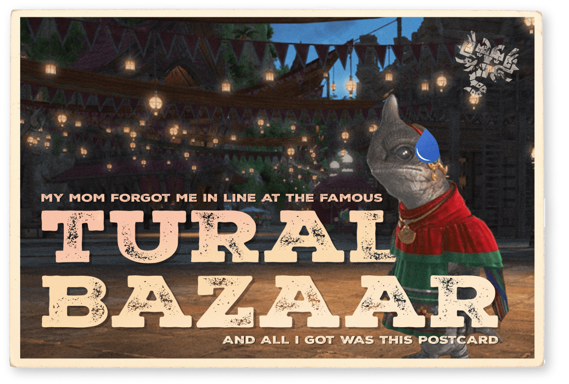 Photo of a postcard reading my mom forgot me in line at the famous Tural Bazaar and all I got was this postcard